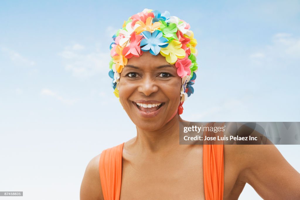 Senior African woman in old-fashioned swim cap