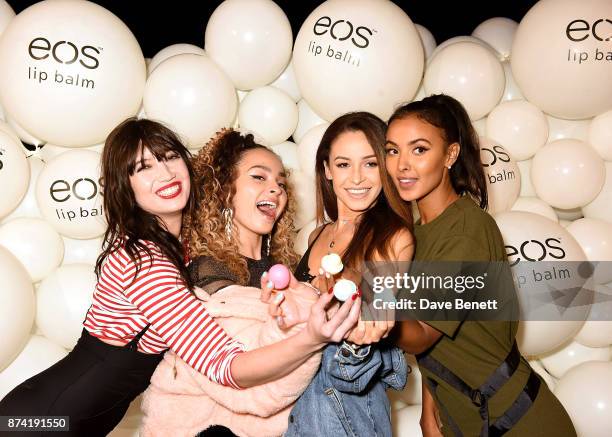 Daisy Lowe, Ella Eyre, Danielle Peazer and Maya Jama attend the EOS Lip Balm Winter Lips Party at Southbank Centre on November 14, 2017 in London,...
