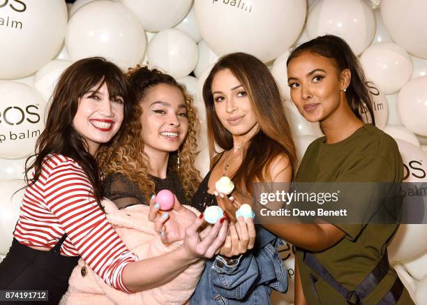 Daisy Lowe, Ella Eyre, Danielle Peazer and Maya Jama attend the EOS Lip Balm Winter Lips Party at Southbank Centre on November 14, 2017 in London,...