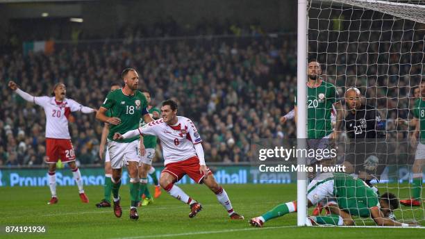 Andreas Christensen of Denmark celebrates his sides first goal as Cyrus Christie of the Republic of Ireland scores a own goal during the FIFA 2018...