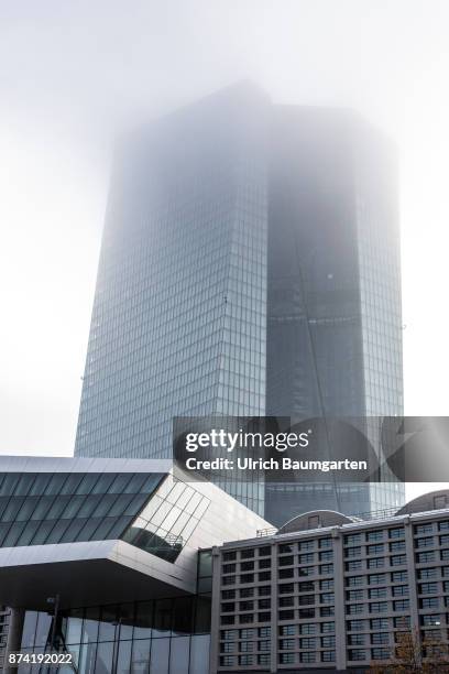Fog - exterior view of the main building of the European Central Bank in Frankfurt.
