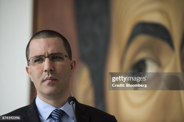 Jorge Arreaza, Venezuela's minister of foreign affairs, pauses during a press conference after a meeting with the European Union diplomatic corps at...