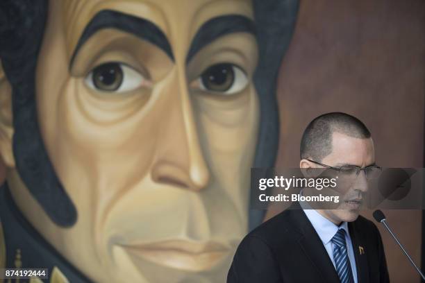 Jorge Arreaza, Venezuela's minister of foreign affairs, speaks during a press conference after a meeting with the European Union diplomatic corps at...