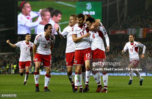 Denmark's Andreas Christiansen celebrates scoring his side's first goal of the game with team-mate Denmark's Andreas Bjelland during the FIFA World...