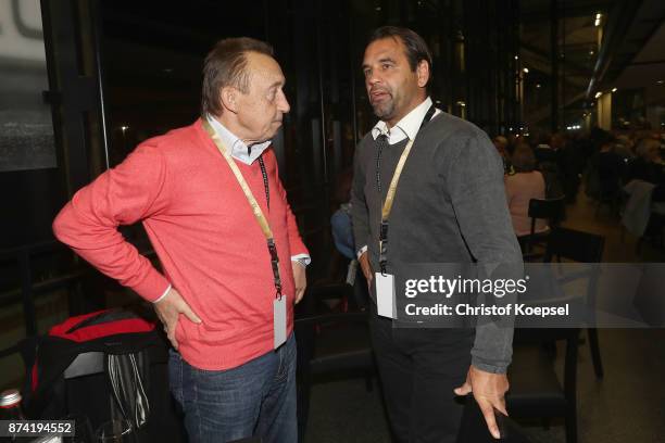 Joachim Streich and Ulf Kirsten talk during the Club Of Former National Players Meeting at RheinEnergieStadion on November 14, 2017 in Cologne,...