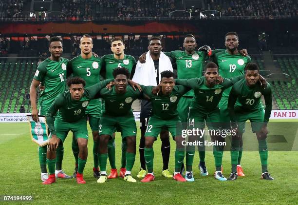 Players of Nigeria pose before an international friendly match between Argentina and Nigeria at Krasnodar Stadium on November 14, 2017 in Krasnodar,...