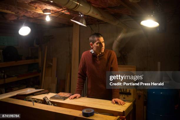 Mark Elwin in his woodworking workshop at his parents house. Before contracting anaplasmosis in 2015, Elwin made furniture, toolboxes and other...