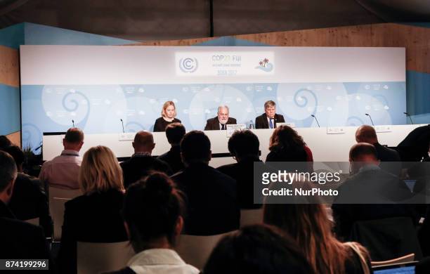 Miguel Arias Canete and Siim Kiisler at theEuropean Union press conference at COP23 Fiji conference in Bonn, Germany on the 14th of November 2017....