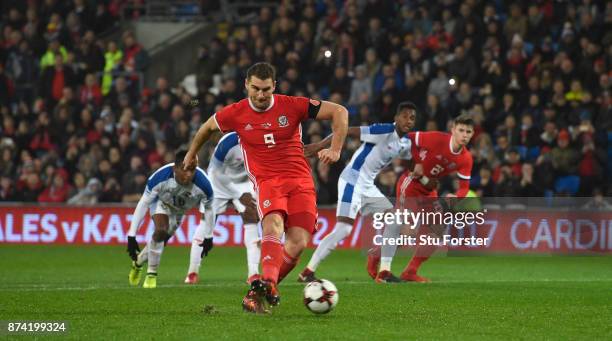 Wales forward Sam Vokes misses a first half penalty during the International Friendly match between Wales and Panama at Cardiff City Stadium on...