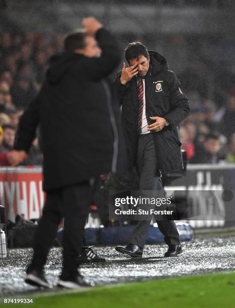 Wales manager Chris Coleman reacts during the International Friendly match between Wales and Panama at Cardiff City Stadium on November 14, 2017 in...