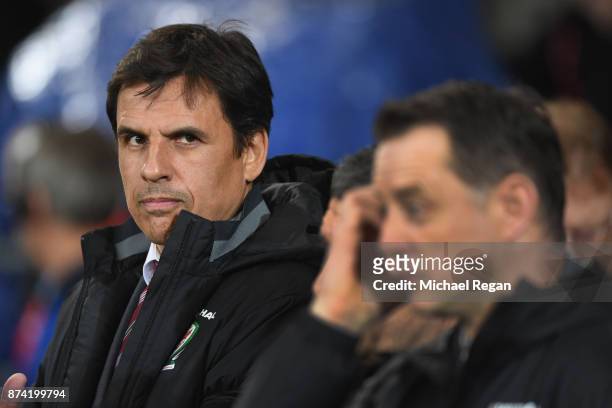 Wales manager Chris Coleman looks on before the International match between Wales and Panama at Cardiff City Stadium on November 14, 2017 in Cardiff,...