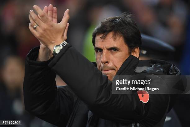 Wales manager Chris Coleman looks on before the International match between Wales and Panama at Cardiff City Stadium on November 14, 2017 in Cardiff,...