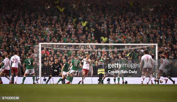 Dublin , Ireland - 14 November 2017; Andreas Christensen of Denmark scores his side's first goal during the FIFA 2018 World Cup Qualifier Play-off...