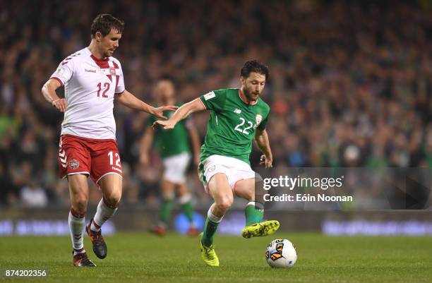 Dublin , Ireland - 14 November 2017; Harry Arter of Republic of Ireland in action against Andreas Bjelland of Denmark during the FIFA 2018 World Cup...