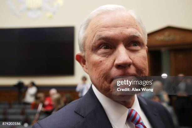 Attorney General Jeff Sessions leaves for a short break during a hearing before the House Judiciary Committee November 14, 2017 in Washington, DC....