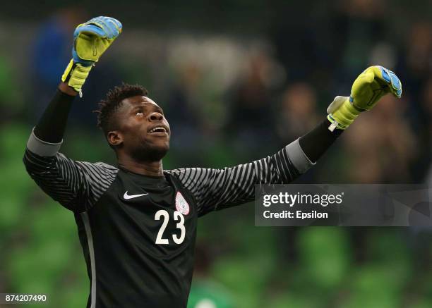 Francis Uzoho goalkeeper of Nigeria celebrates after winning an international friendly match between Argentina and Nigeria at Krasnodar Stadium on...