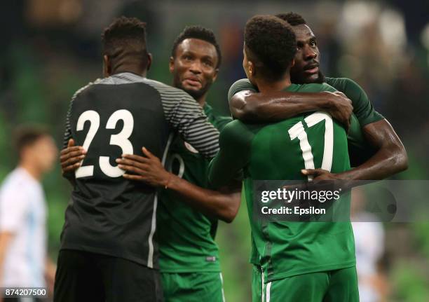 Players of Nigeria celebrates after winning an international friendly match between Argentina and Nigeria at Krasnodar Stadium on November 14, 2017...