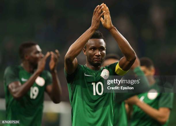 Obi Mikel of Nigeria celebrates after winning an international friendly match between Argentina and Nigeria at Krasnodar Stadium on November 14, 2017...