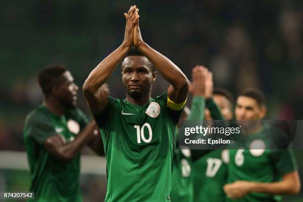 Obi Mikel of Nigeria celebrates after winning an international friendly match between Argentina and Nigeria at Krasnodar Stadium on November 14, 2017...