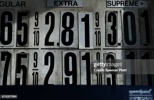 Gas prices are displayed at a station on November 14, 2017 in New York City. According to a new report by the International Energy Agency, global oil...