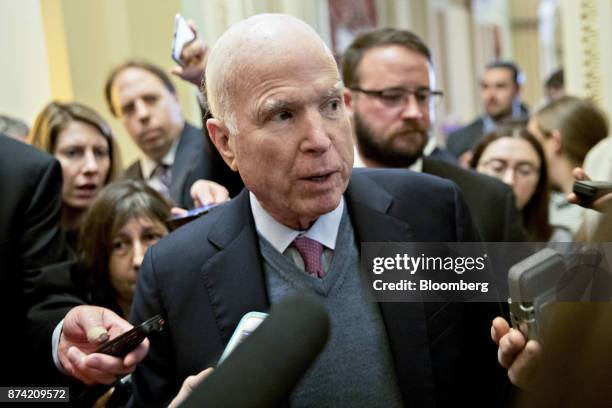 Senator John McCain, a Republican from Arizona, speaks to members of the media after a weekly GOP luncheon meeting at the U.S. Capitol in Washington,...