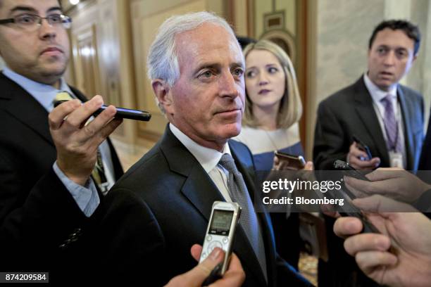 Senator Bob Corker, a Republican from Tennessee, speaks to members of the media after a weekly GOP luncheon meeting at the U.S. Capitol in...