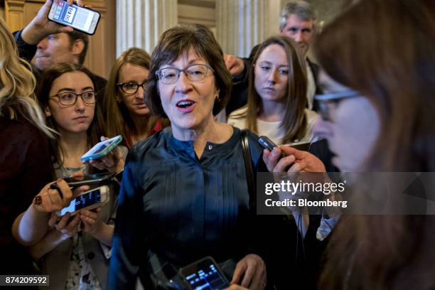 Senator Susan Collins, a Republican from Maine, speaks to members of the media after a weekly GOP luncheon meeting at the U.S. Capitol in Washington,...