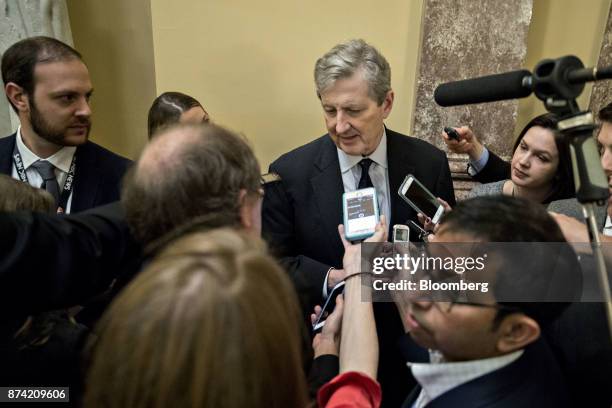 Senator John Kennedy, a Republican from Louisiana, speaks to members of the media after a weekly GOP luncheon meeting at the U.S. Capitol in...