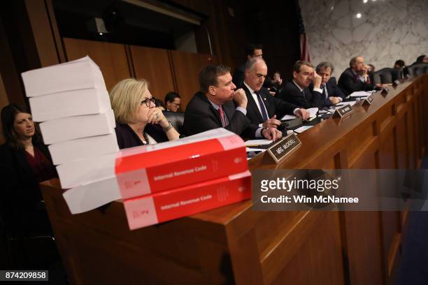 Members of the Senate Finance Committee participate in a markup of the Republican tax reform proposal November 14, 2017 in Washington, DC. Today,...