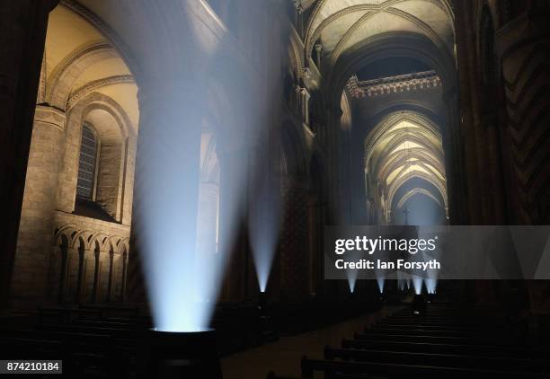 The inside of the historic Durham Cathedral is illuminated by a light installation titled 'Methods' by artist Pablo Valbuena during a media preview...