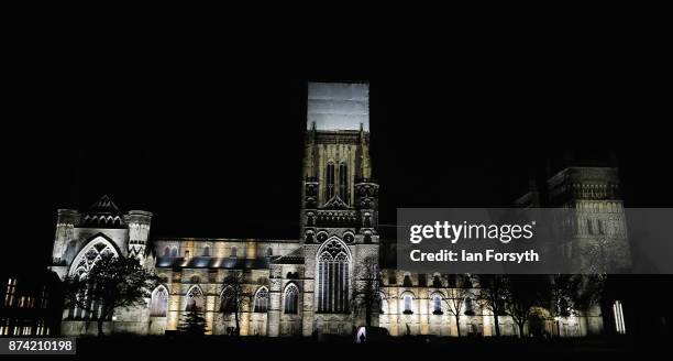 Historic Durham Cathedral is illuminated by a light installation titled 'Methods' by artist Pablo Valbuena during a media preview evening ahead of...