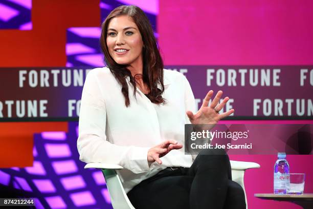 Hope Solo speaks onstage during the Fortune Most Powerful Women Next Gen conference at Monarch Beach Resort on November 14, 2017 in Dana Point,...