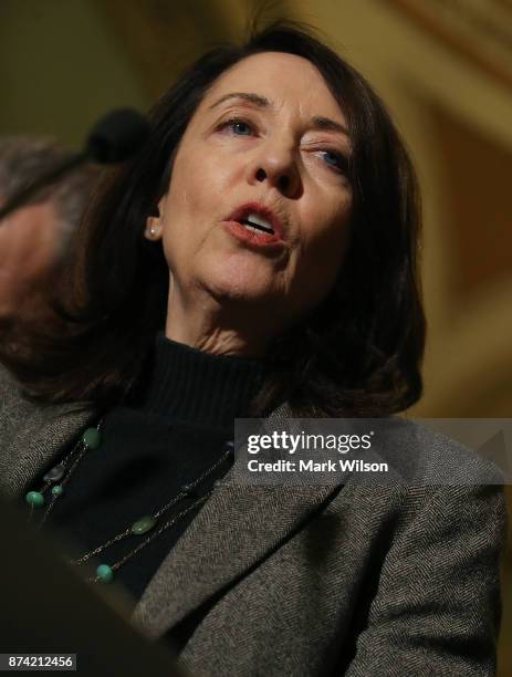 Sen. Maria Cantwell speaks to reporters about the proposed Senate Republican tax bill, at US Capitol on November 14, 2017 in Washington, DC.