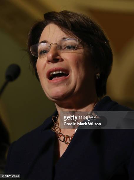 Sen. Amy Klobuchar speaks to reporters about the proposed Senate Republican tax bill, at US Capitol on November 14, 2017 in Washington, DC.