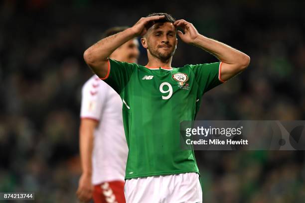 Shane Long of the Republic of Ireland reacts during the FIFA 2018 World Cup Qualifier Play-Off: Second Leg between Republic of Ireland and Denmark at...