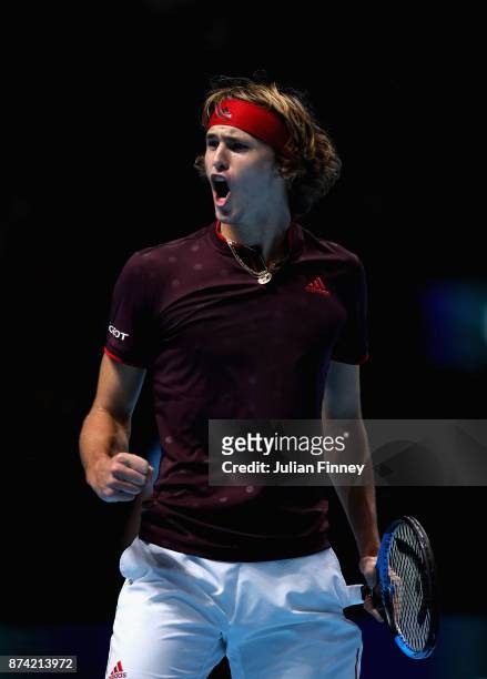 Alexander Zverev of Germany celebrates during the singles match against Roger Federer of Switzerland on day three of the Nitto ATP World Tour Finals...
