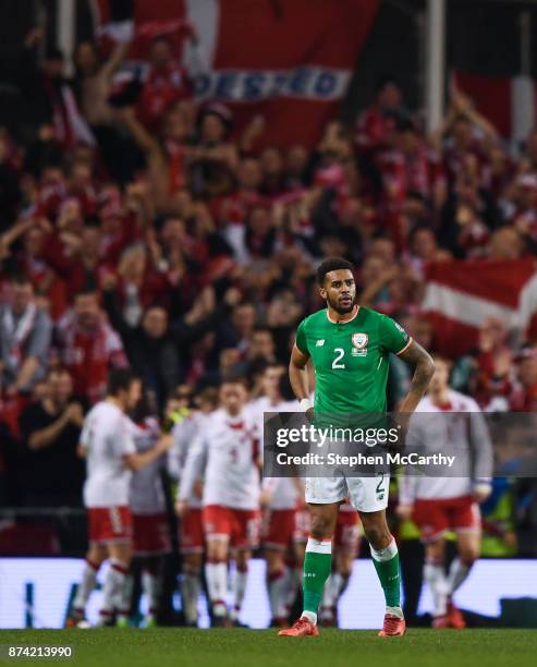 Dublin , Ireland - 14 November 2017; Cyrus Christie of Republic of Ireland reacts after Christian Eriksen of Denmark scored his side's fourth goal...