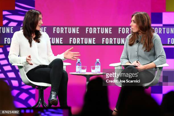 Hope Solo and Maggie Gray speak onstage during the Fortune Most Powerful Women Next Gen conference at Monarch Beach Resort on November 14, 2017 in...