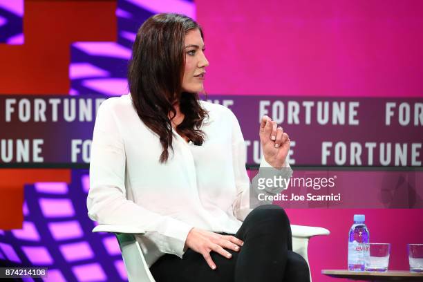 Hope Solo speaks onstage during the Fortune Most Powerful Women Next Gen conference at Monarch Beach Resort on November 14, 2017 in Dana Point,...