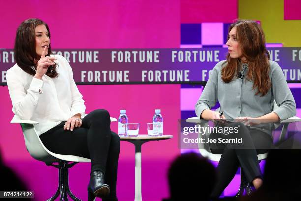 Hope Solo and Maggie Gray speak onstage during the Fortune Most Powerful Women Next Gen conference at Monarch Beach Resort on November 14, 2017 in...