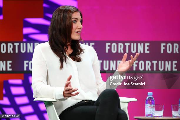 Hope Solo speaks onstage during the Fortune Most Powerful Women Next Gen conference at Monarch Beach Resort on November 14, 2017 in Dana Point,...