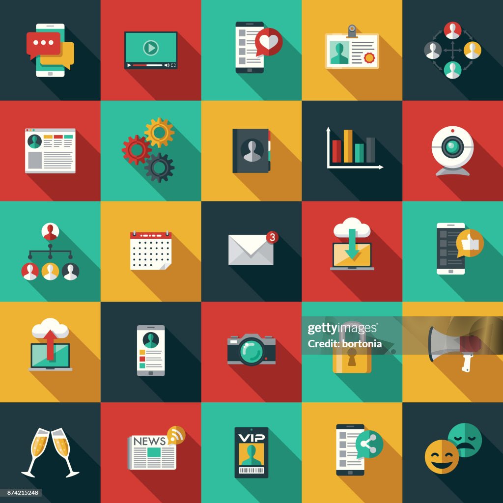 Social-Media-flaches Design-Icon-Set mit Seite Schatten