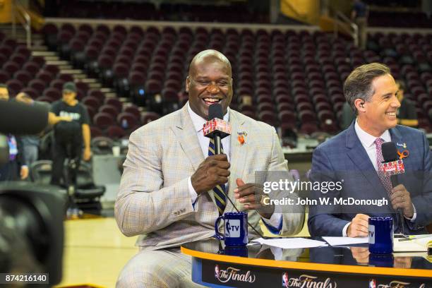 Finals: NBA TV analysts Shaquille O'Neal and Matt Winer on set during Cleveland Cavaliers vs Golden State Warriors game at Quicken Loans Arena. Game...