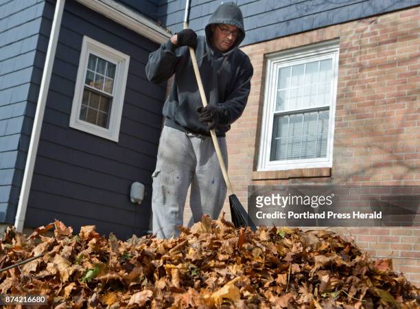 Chris Fletcher rakes leaves into piles outside his home in Portland on Sunday, November 12, 2017. His son, James was helping him. Chris said that...
