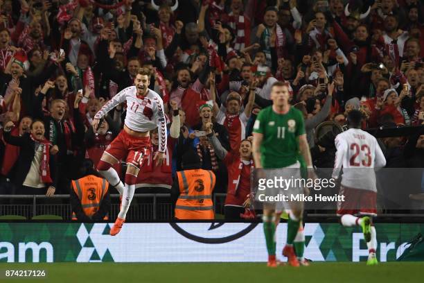 Nicklas Bendtner of Denmark celebrates scoring his sides fifth goal with his Denmark team mates during the FIFA 2018 World Cup Qualifier Play-Off:...