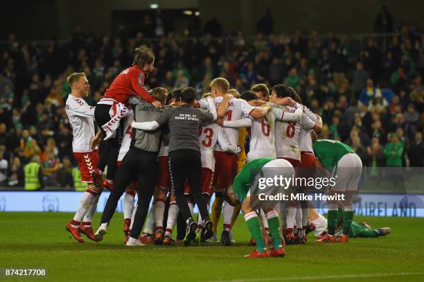 The Denmark team celebrate victory after the FIFA 2018 World Cup Qualifier Play-Off: Second Leg between Republic of Ireland and Denmark at Aviva...