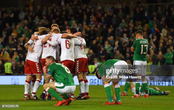 The Denmark team celebrate victory after the FIFA 2018 World Cup Qualifier Play-Off: Second Leg between Republic of Ireland and Denmark at Aviva...