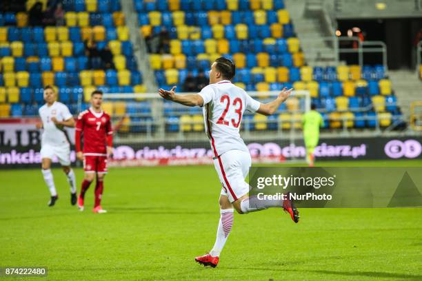 Konrad Michalak celebrates a goal during UEFA U21 Championship Qualifier match between Poland and Denmark on November 14, 2017 in Gdynia, Poland.