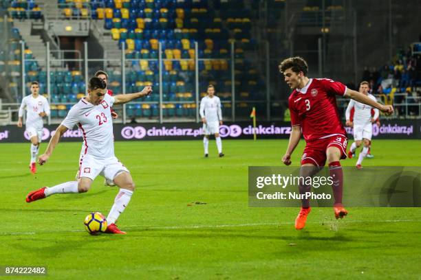 Konrad Michalak scores a gol during UEFA U21 Championship Qualifier match between Poland and Denmark on November 14, 2017 in Gdynia, Poland.