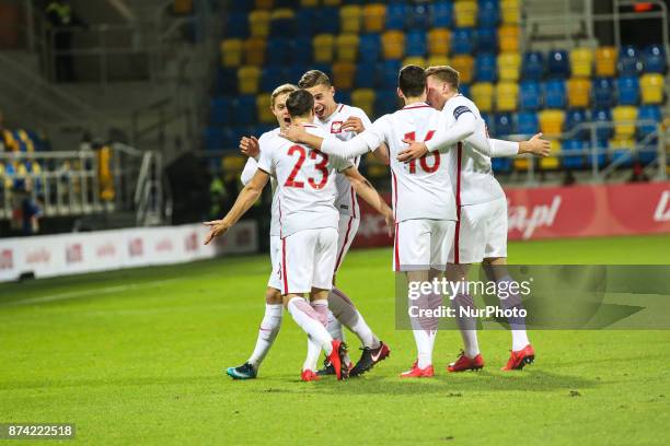 Konrad Michalak celebrates a goal during UEFA U21 Championship Qualifier match between Poland and Denmark on November 14, 2017 in Gdynia, Poland.
